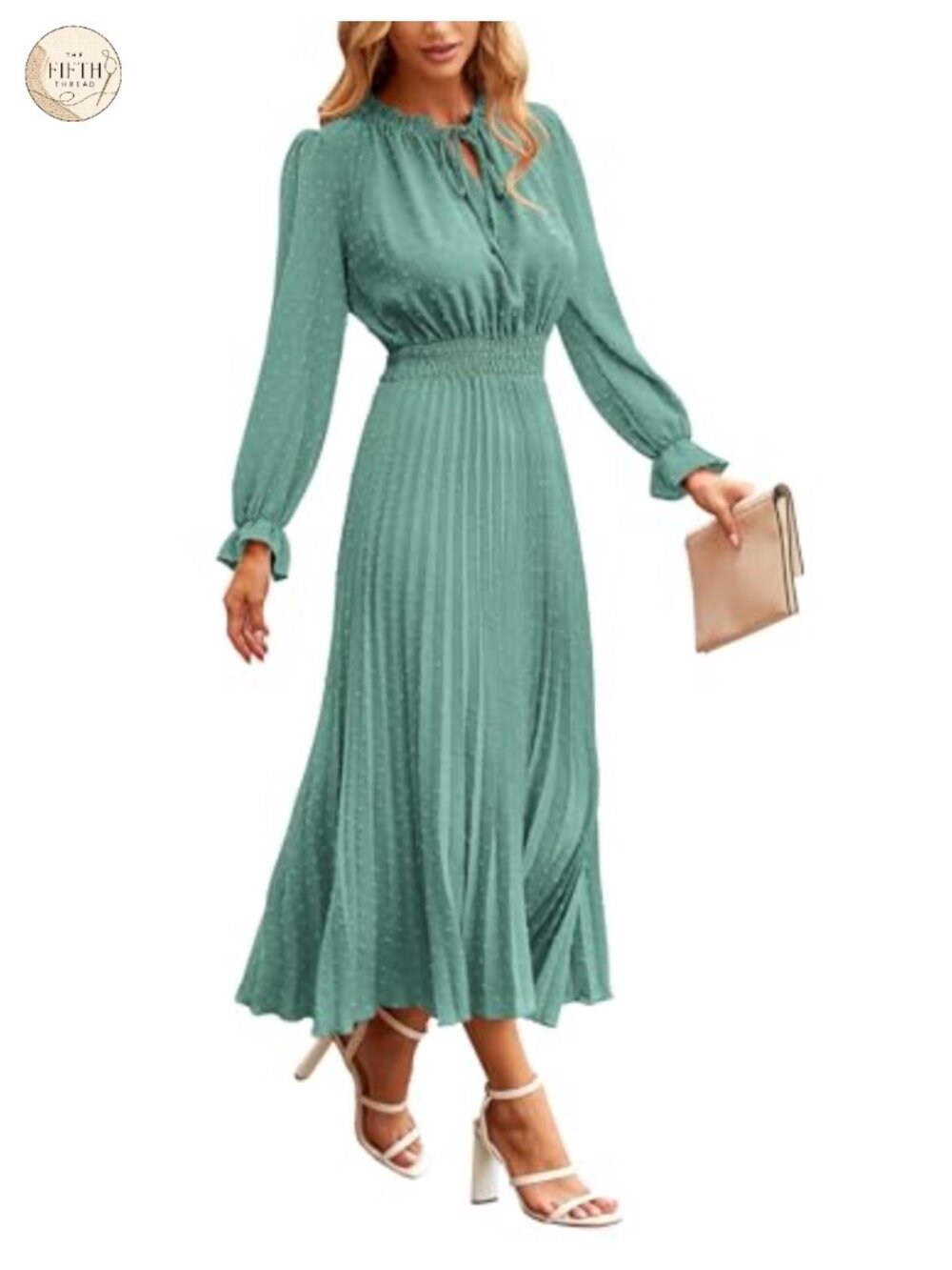 Swiss Dot Midi Dress Tie V Neck Long Sleeve A-Line Flowy Wedding Guest